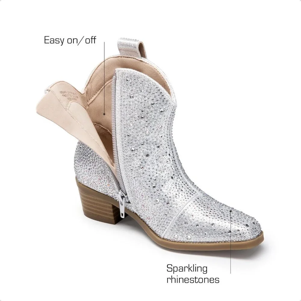 ⚡Girls Silver Cowgirl Rhinestone Zipper Boots Ankle Low Heel Dress Booties